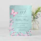 Roze Butterfly Cherry Blossom Turquoise Kaart (Staand voorkant)