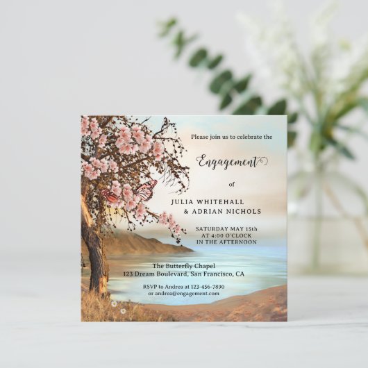 Roze Butterfly Cherry Blossom Verloving Kaart (Staand voorkant)