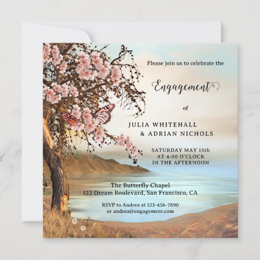 Roze Butterfly Cherry Blossom Verloving Kaart (Voorkant)