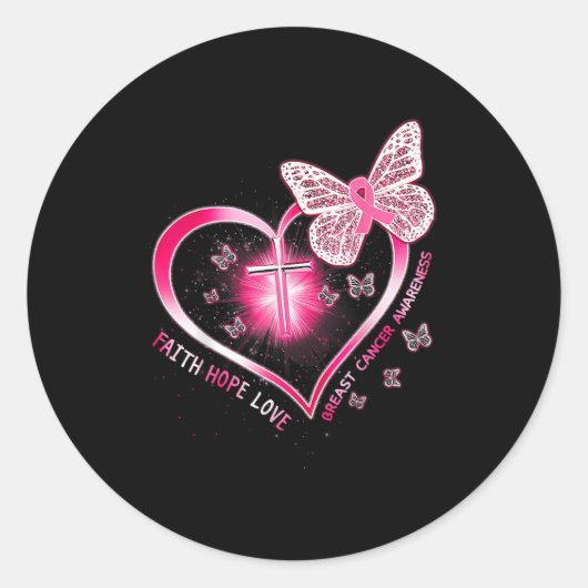 Roze Butterfly Cross Faith Hope Love Breast Cancer Ronde Sticker (Voorkant)