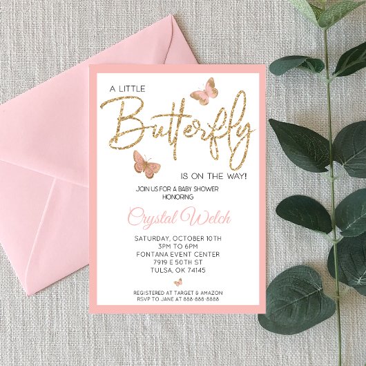 Roze Butterfly en Glitter Baby shower Invitation Kaart