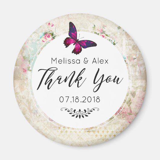 Roze Butterfly en Shabby  Rozen Wedding Magneet (Voorkant)