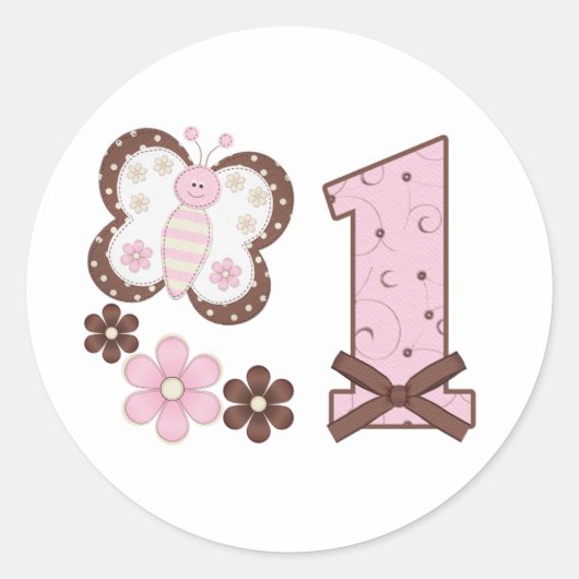 Roze Butterfly First Birthday Classic Round Sticke Ronde Sticker (Voorkant)