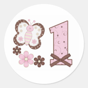 Roze Butterfly First Birthday Classic Round Sticke Ronde Sticker