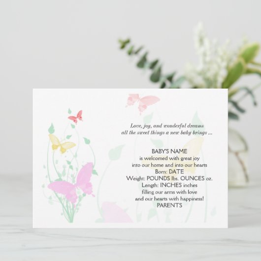 Roze Butterfly Garden Baby Aankondiging (Staand voorkant)