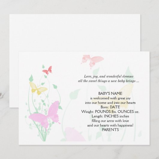 Roze Butterfly Garden Baby Aankondiging (Voorkant / Achterkant)