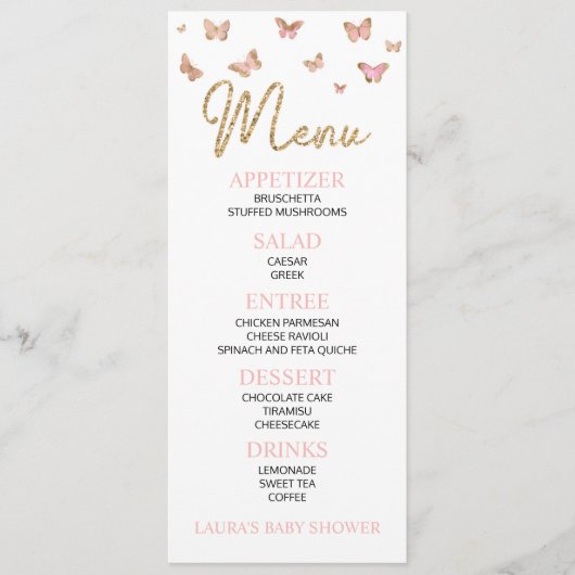 Roze Butterfly Geavanceerd Baby shower flatmenu Menu (Voorkant)