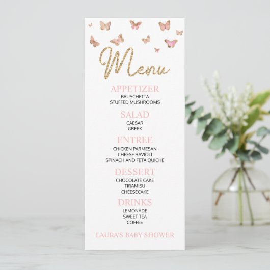 Roze Butterfly Geavanceerd Baby shower flatmenu Menu (Staand voorkant)