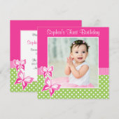 Roze Butterfly Green Polka Dot 1st Birthday Foto Kaart (Voorkant / Achterkant)