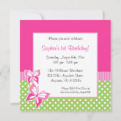Roze Butterfly Green Polka Dot 1st Birthday Foto Kaart (Achterkant)