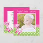 Roze Butterfly Green Polka Dot 1st Birthday Foto Kaart (Voorkant / Achterkant)