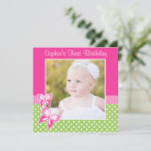 Roze Butterfly Green Polka Dot 1st Birthday Foto Kaart (Staand voorkant)