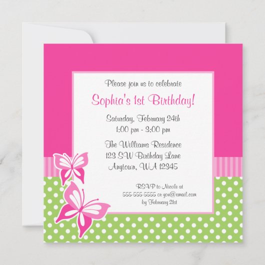 Roze Butterfly Green Polka Dot 1st Birthday Foto Kaart (Achterkant)