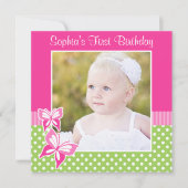 Roze Butterfly Green Polka Dot 1st Birthday Foto Kaart (Voorkant)