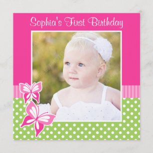 Roze Butterfly Green Polka Dot 1st Birthday Foto Kaart