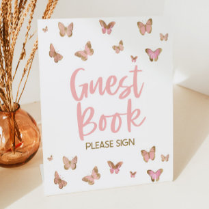 Roze Butterfly Guest Book Gelieve te ondertekenen  Reclamebord Met Voetstuk