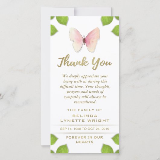 Roze Butterfly Hartelijk dank voor de sympathiekaa Bedankkaart (Voorkant)