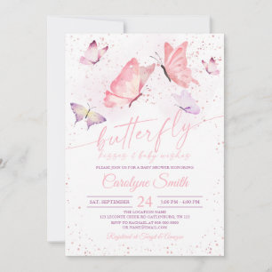 Roze Butterfly Kisses & Baby Wishes Baby shower Kaart