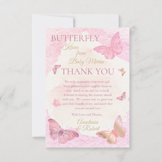 Roze Butterfly Kisses Girl Baby shower Bedankkaart (Voorkant)
