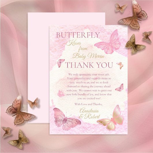 Roze Butterfly Kisses Girl Baby shower Bedankkaart