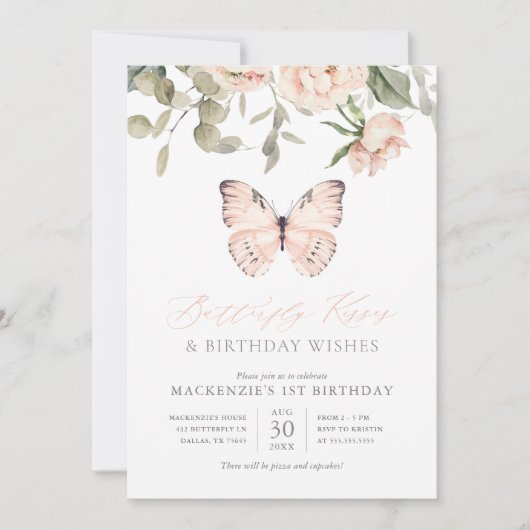 Roze Butterfly Kisses Girl Birthday Party Kaart (Voorkant)