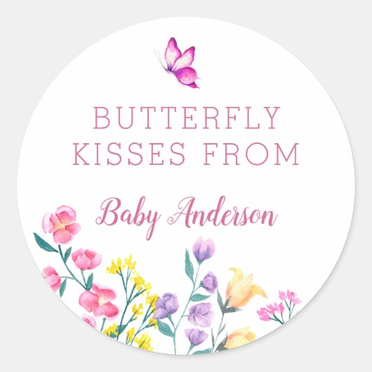 Roze Butterfly Kisses Spring Baby shower Favor Ronde Sticker (Voorkant)