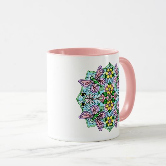 Roze Butterfly Mandala Whimsical Hand Drawn Mok (Voorkant rechts)