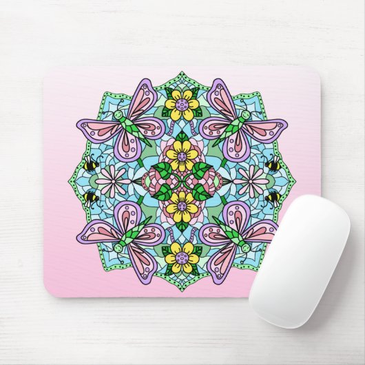 Roze Butterfly Mandala Whimsical Hand Drawn Muismat (Met muis)