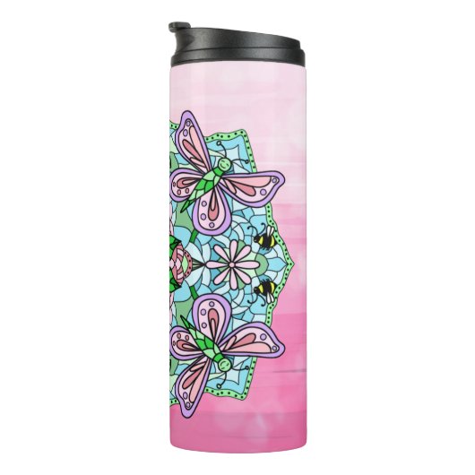 Roze Butterfly Mandala Whimsical Hand Drawn Thermosbeker (Geroteerd rechts)