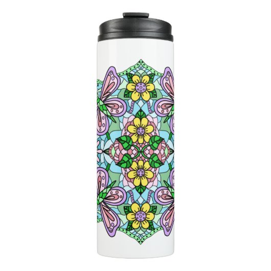 Roze Butterfly Mandala Whimsical Hand Drawn Thermosbeker (Voorkant)