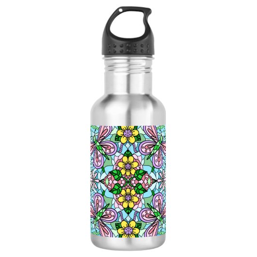 Roze Butterfly Mandala Whimsical Hand Drawn Waterfles (Voorkant)