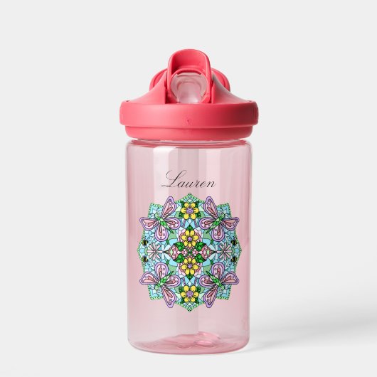 Roze Butterfly Mandala Whimsical Hand Drawn Waterfles (Voorkant)