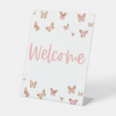 Roze Butterfly Mini Welkome Tafel Tafel Reclamebord Met Voetstuk (Voorkant)