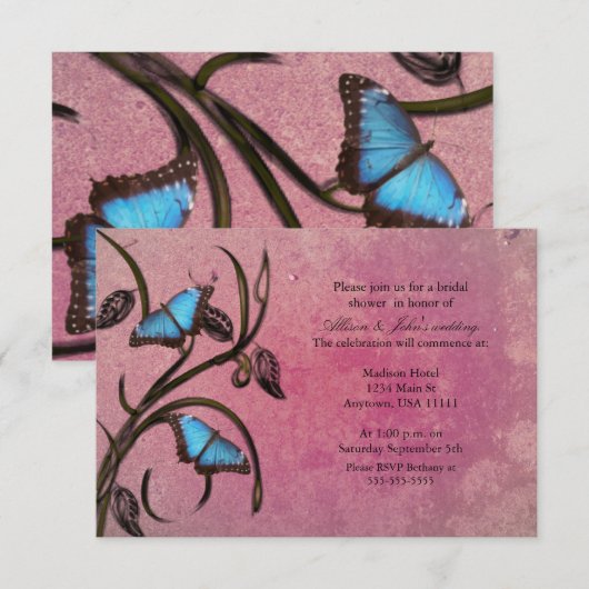 Roze Butterfly Pair Bridal Shower Uitnodiging (Voorkant / Achterkant)