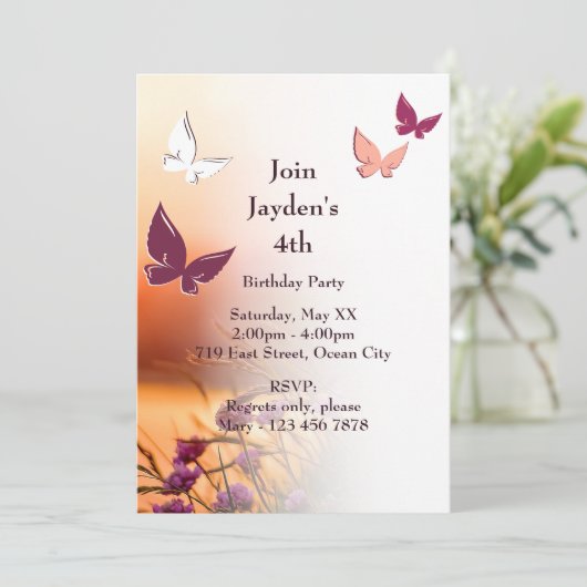 Roze Butterfly Party 4th Birthday Invitation Kaart (Staand voorkant)