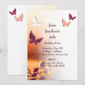Roze Butterfly Party 4th Birthday Invitation Kaart (Voorkant / Achterkant)