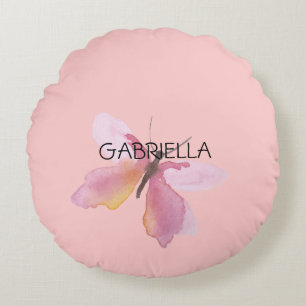 Roze Butterfly Persoonlijke naam Rond Kussen