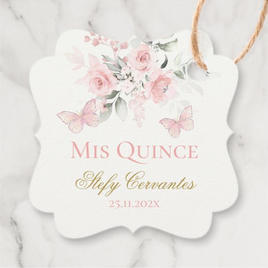 Roze Butterfly Quinceañera Bedankjes Labels (Achterkant)