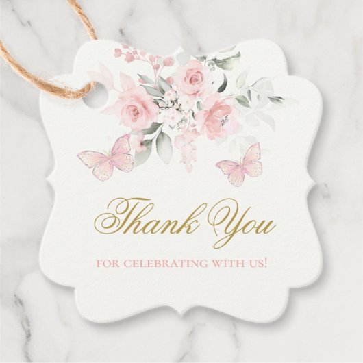 Roze Butterfly Quinceañera Bedankjes Labels (Voorkant)