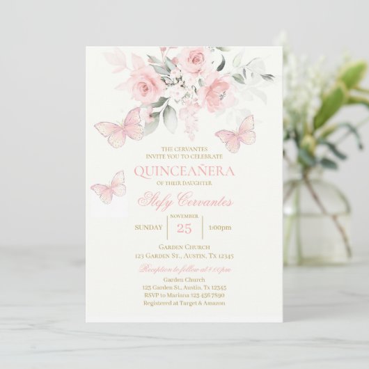 Roze Butterfly Quinceañera Kaart (Staand voorkant)