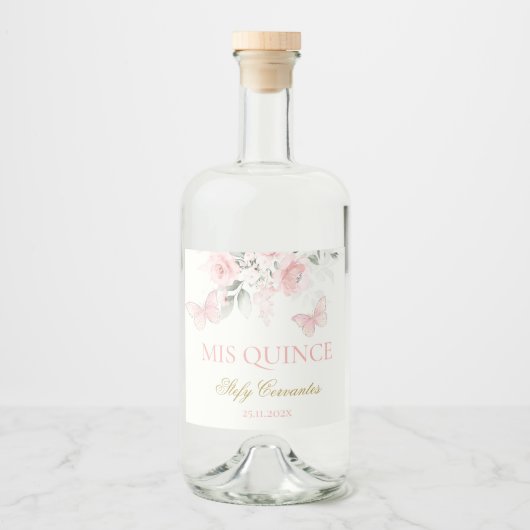Roze Butterfly Quinceañera Likeurfles Etiket (Voorkant)