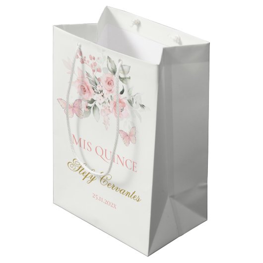 Roze Butterfly Quinceañera Medium Cadeauzakje (Voorkant Gekanteld)