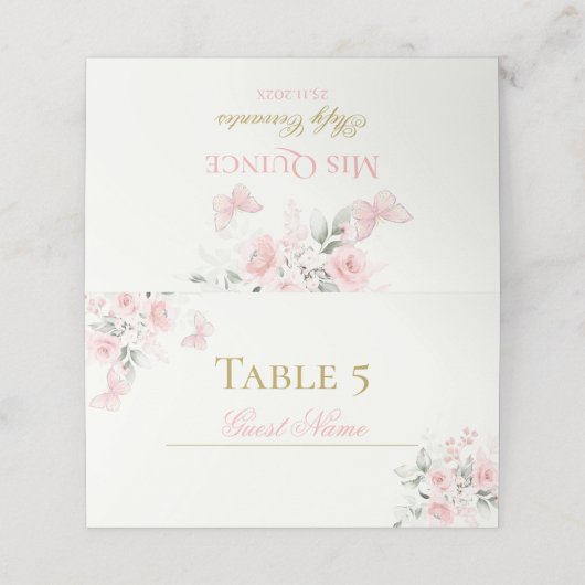 Roze Butterfly Quinceañera Plaatskaartje (Buitenkant ongevouwen)