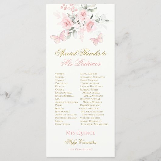 Roze Butterfly Quinceañera Programmakaart (Achterkant)