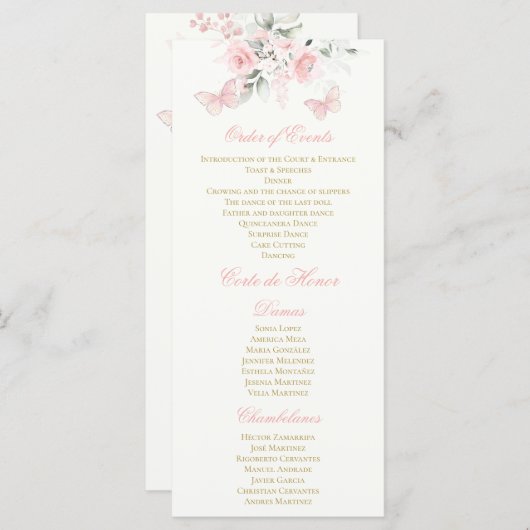 Roze Butterfly Quinceañera Programmakaart (Voorkant / Achterkant)