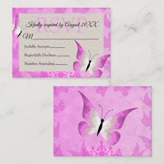 Roze Butterfly Quinceañera RSVP-kaart Advieskaart (Voorkant / Achterkant)
