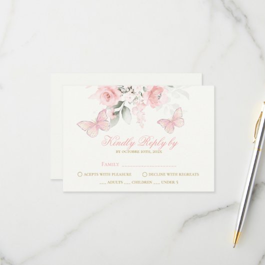 Roze Butterfly Quinceañera RSVP Kaartje (Voorkant / Achterkant in situ)