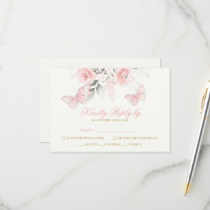 Roze Butterfly Quinceañera RSVP Kaartje