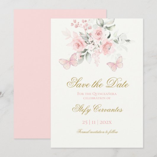 Roze Butterfly Quinceañera Save The Date (Voorkant / Achterkant)