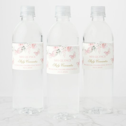 Roze Butterfly Quinceañera Waterfles Etiket (Flessen)